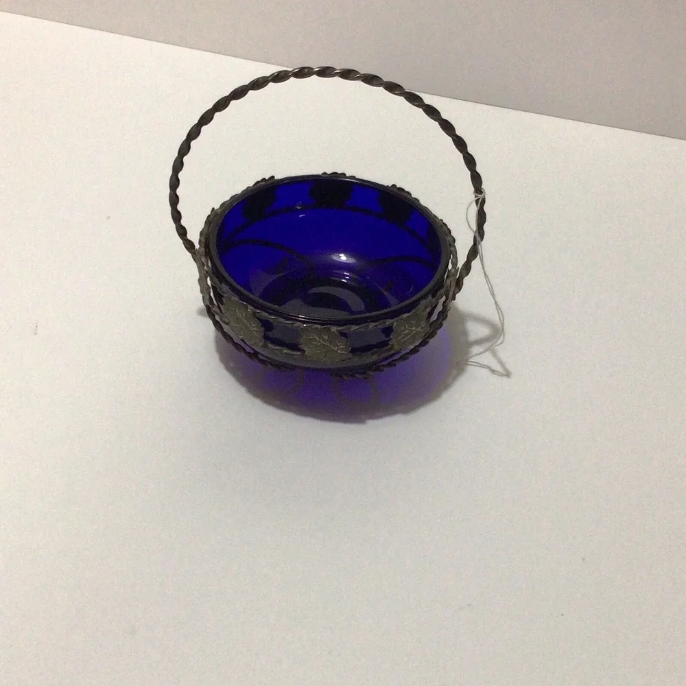 Vintage Cobalt Blue Glass Condiment‎ Dish In Metal Carrier made in England